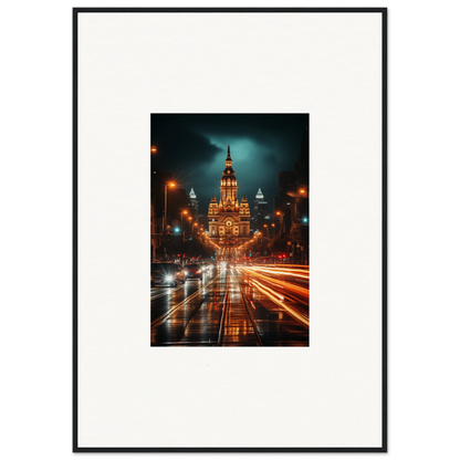 Illuminated Gothic building with traffic light trails in Radiant Urban Reverie art