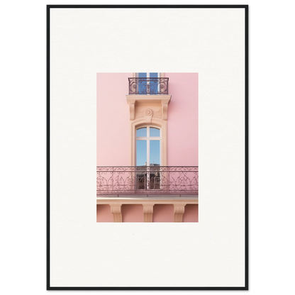 Elegant French balcony window with dusky dream balustrade on a pink facade