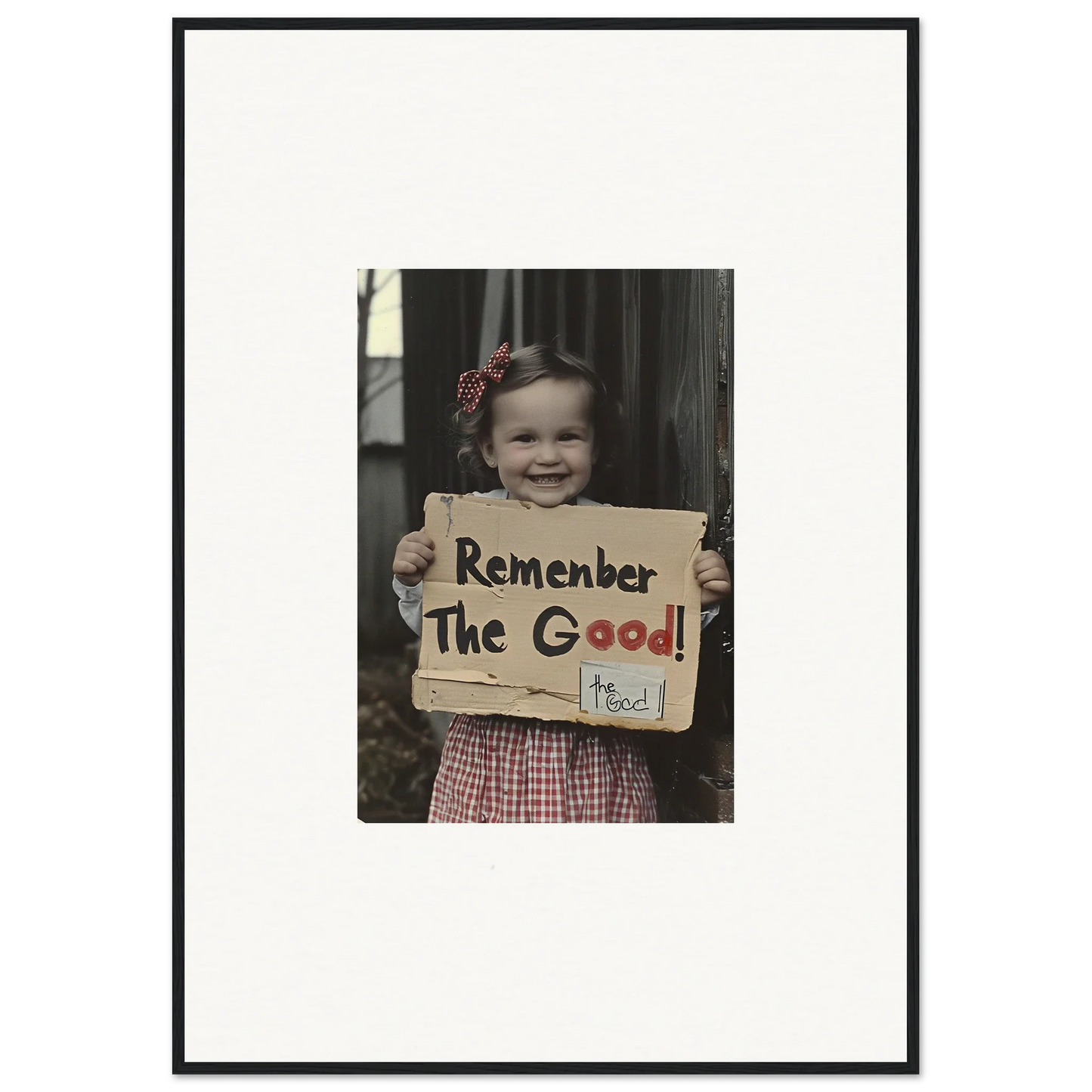 Framed black-and-white photo of a sign saying Remember The Good in Smiles Forlornly Singing