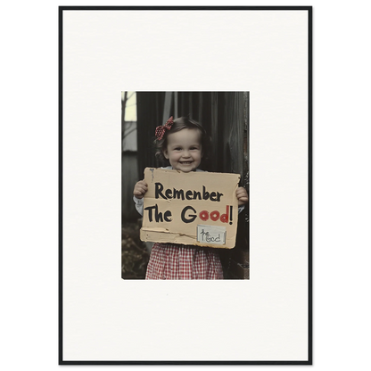 Framed black-and-white photo of a sign saying Remember The Good in Smiles Forlornly Singing