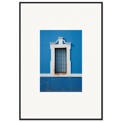 White-framed window with metal bars on blue wall, part of Liquid Azure Quest art