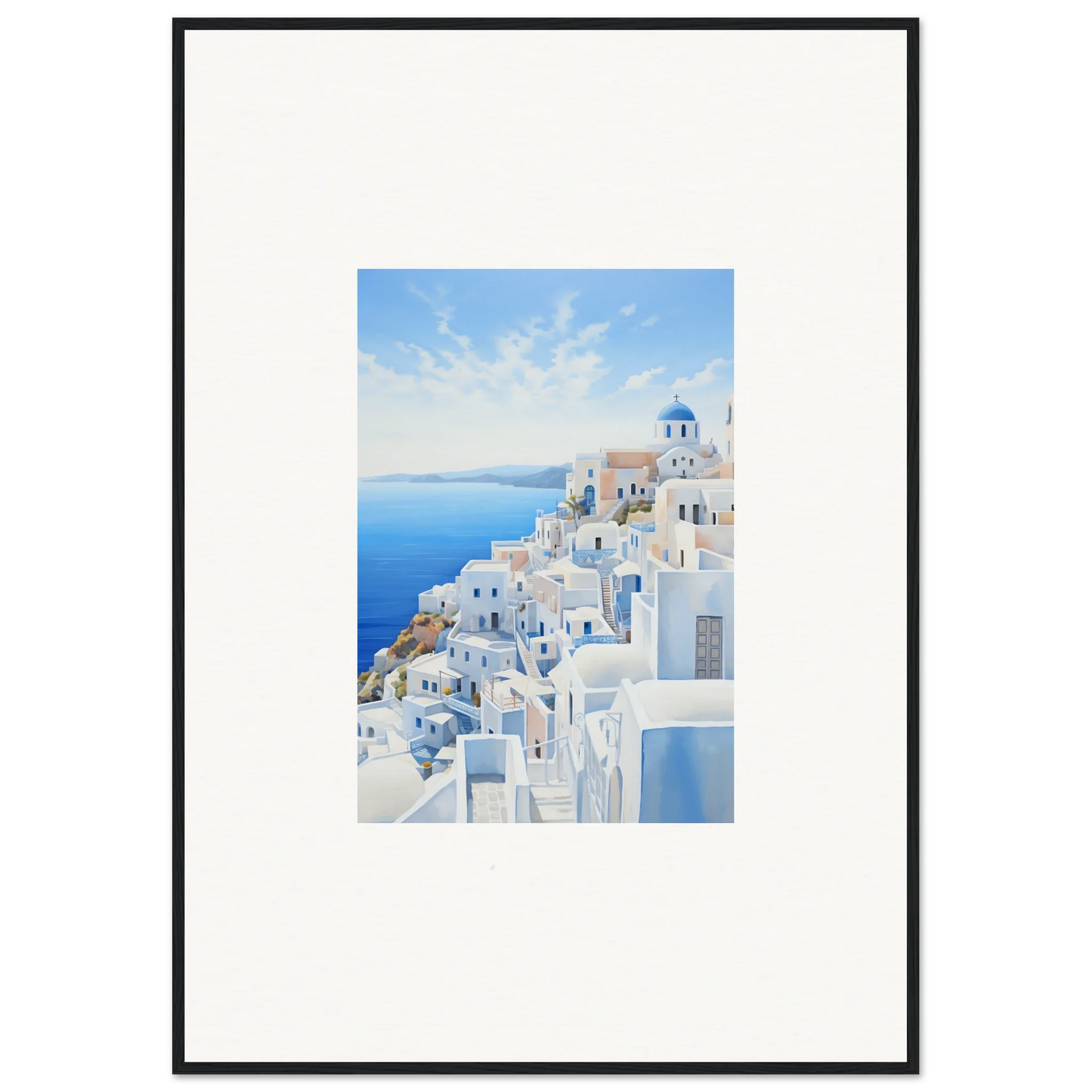 Framed wall art of Santorini’s white buildings, part of Elysian Horizon Vortex special edition art™