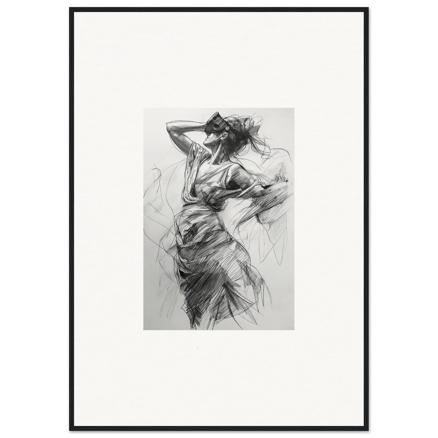 Expressive charcoal sketch of a dancer in fluid motion for Veiled Revisionist Muse framed wall art