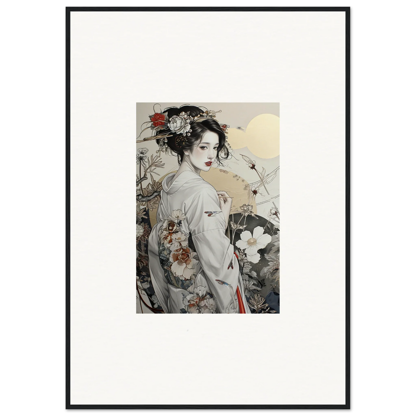 Framed watercolor artwork of a geisha in kimono from Daydream Blossom Wistitudes