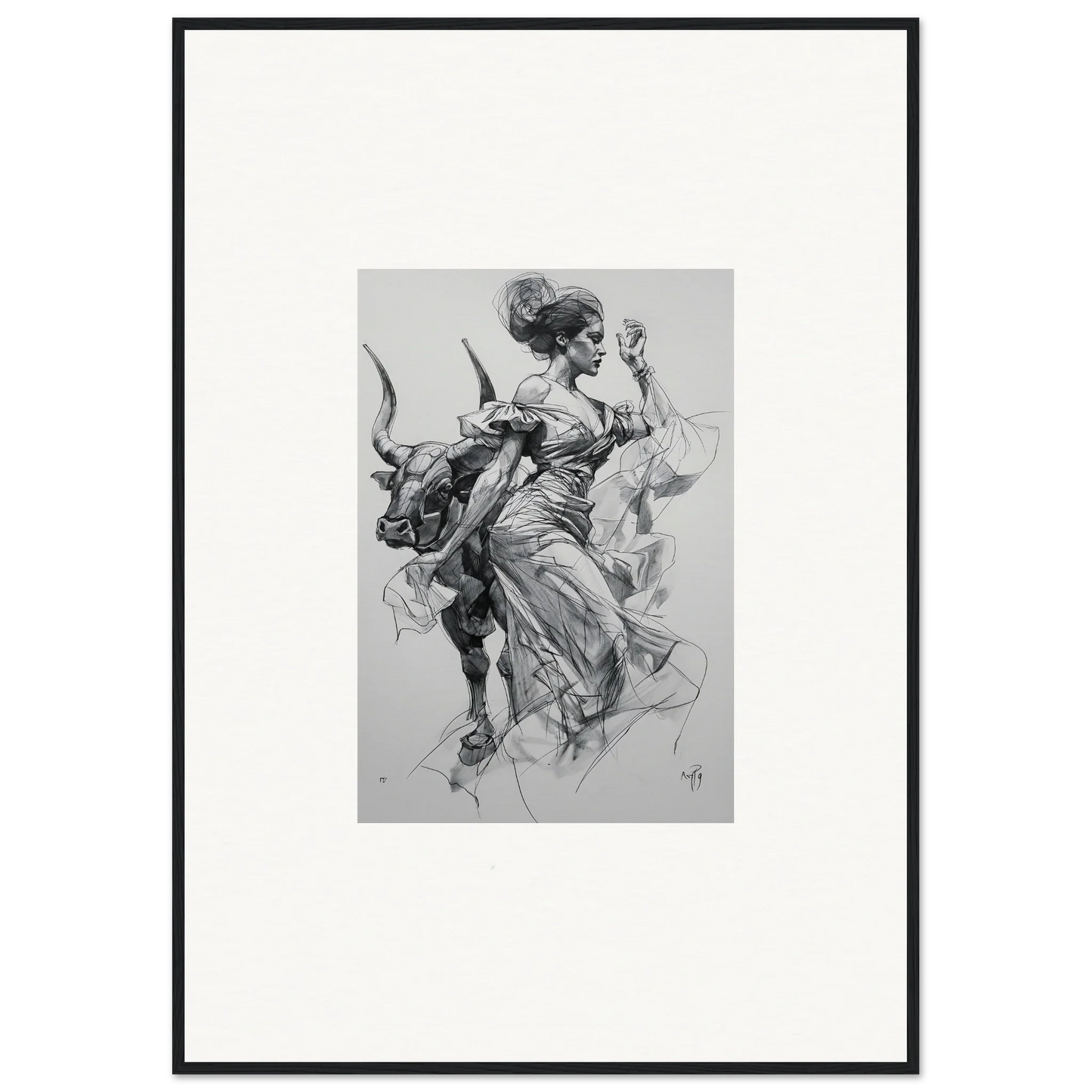 Black and white sketch of a figure in motion, featured in Sirens’ Veil Matador framed wall art