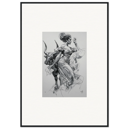 Black and white sketch of a figure in motion, featured in Sirens’ Veil Matador framed wall art