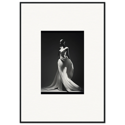 Elegant black and white photo of a figure in a Gossamer Ivory Whispers gown