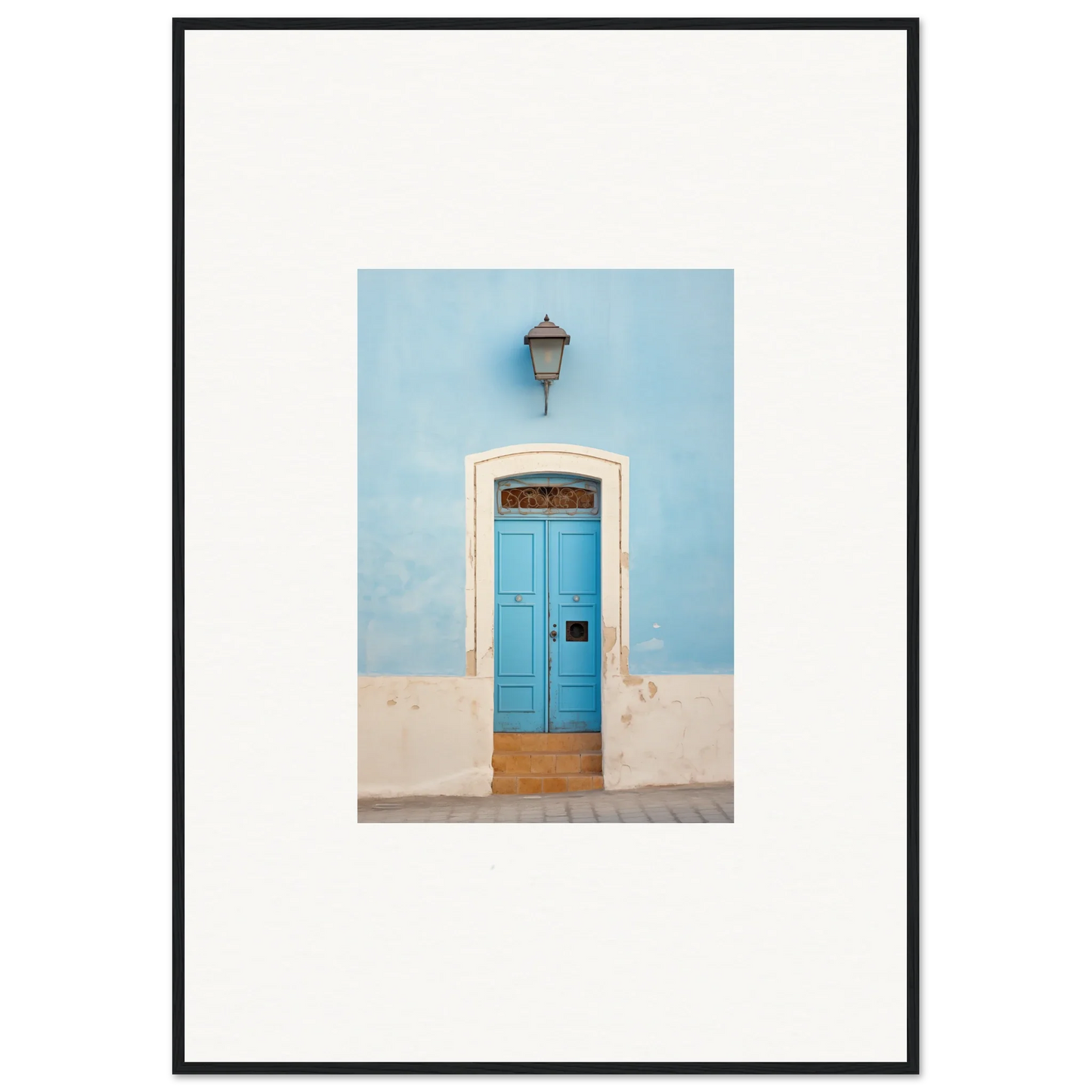 Bright blue wooden door with white stone trim for Surreal Azure Vesaurrezz art