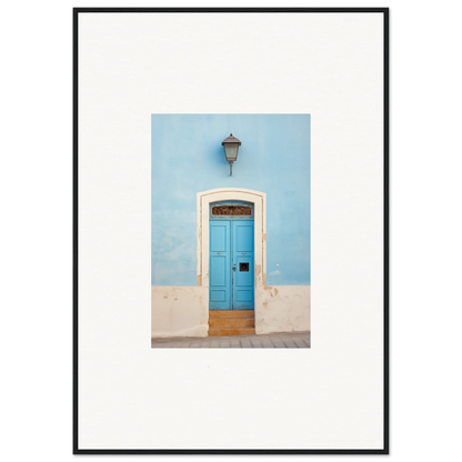 Bright blue wooden door with white stone trim for Surreal Azure Vesaurrezz art