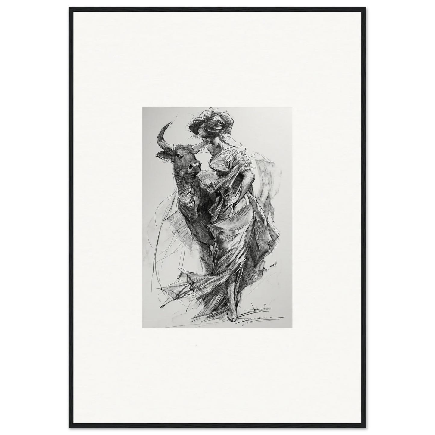 Black and white sketch of a figure in robes with a bull from Ebullient Abstract Liaisons