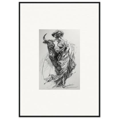 Black and white sketch of a figure in robes with a bull from Ebullient Abstract Liaisons