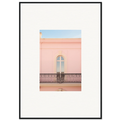 Arched window with iron balcony on pink wall in Peach Tranquil Portal framed wall art