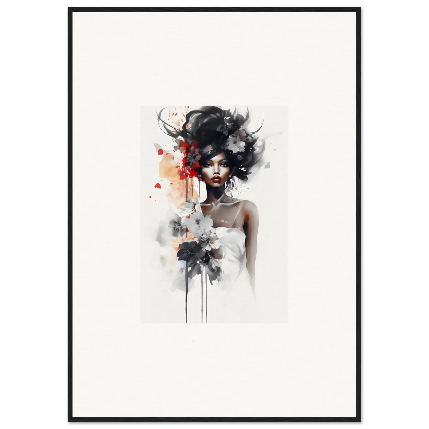 Artistic watercolor portrait in Plume Sultry Reverie with striking black hair and red splashes