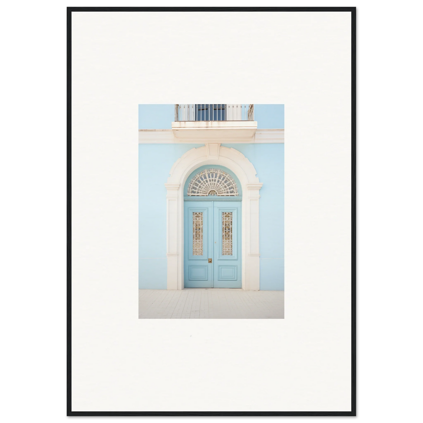 Light blue arched door with glass panels in the Delphinium Dream Portal art piece