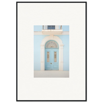 Light blue arched door with glass panels in the Delphinium Dream Portal art piece