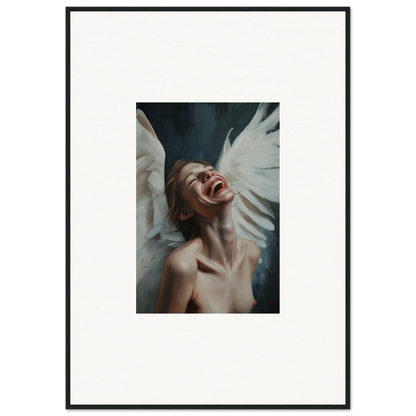 Framed canvas print of a person with white wings for stunning wall art and room decoration