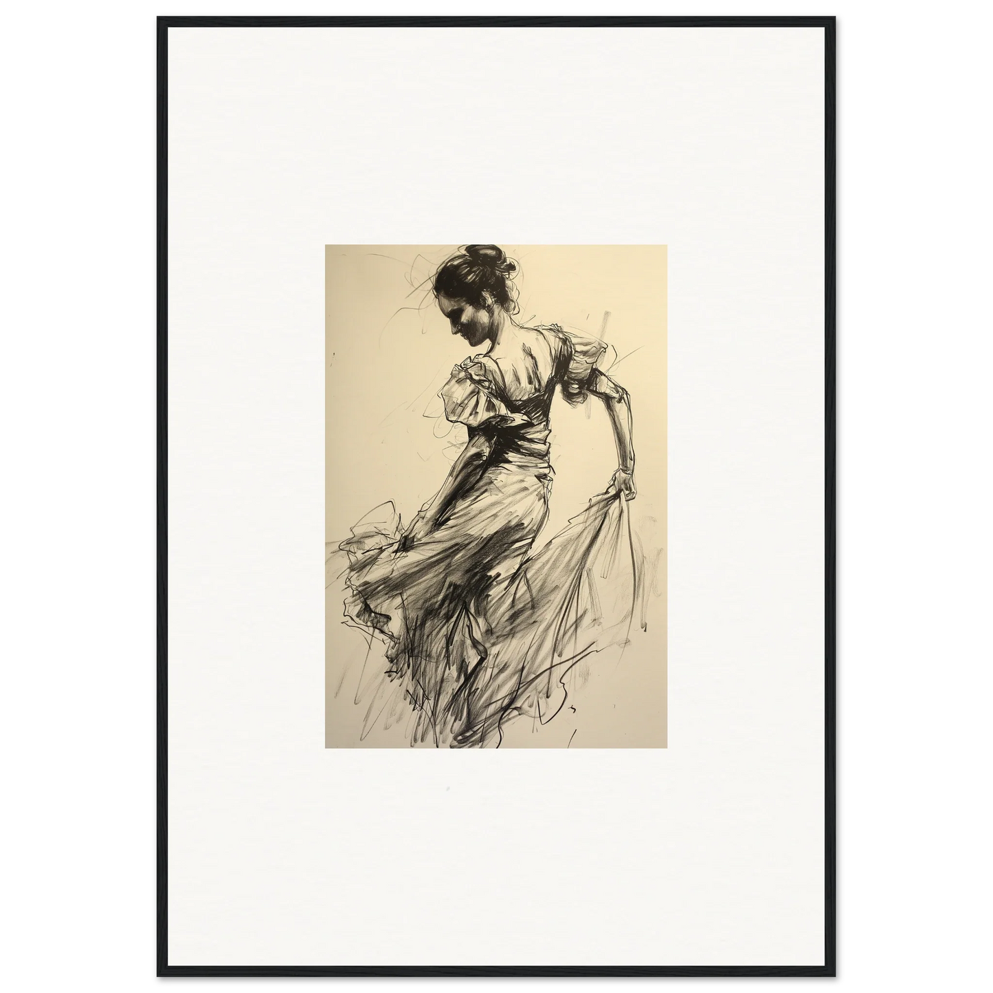 Vintage sketch of a woman in flowing dress for Shadow Waltz premium framed wall art