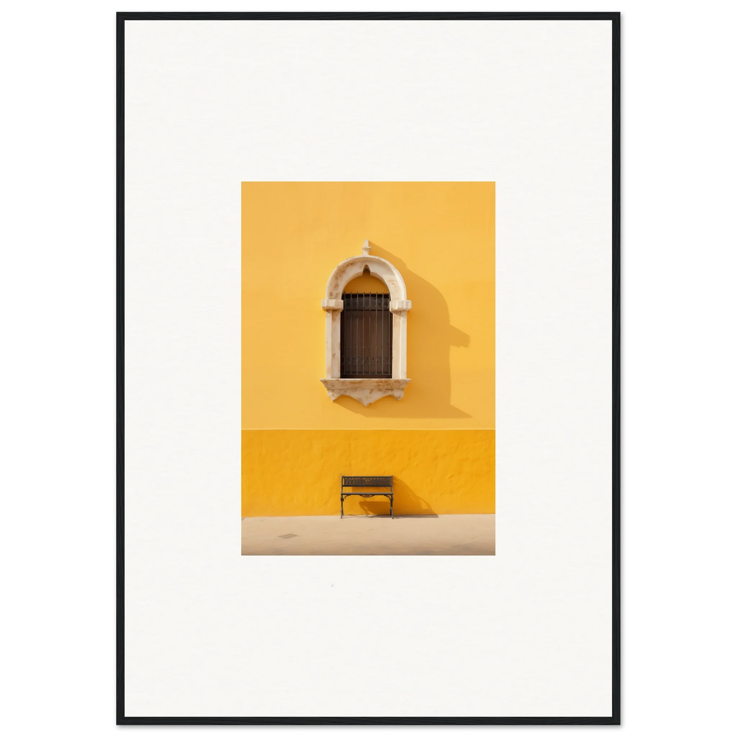 Wooden bench under arched window on yellow wall in Gapes of Gargoyles special edition art™