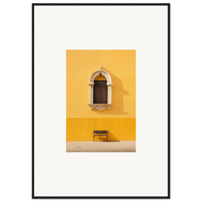 Wooden bench under arched window on yellow wall in Gapes of Gargoyles special edition art™