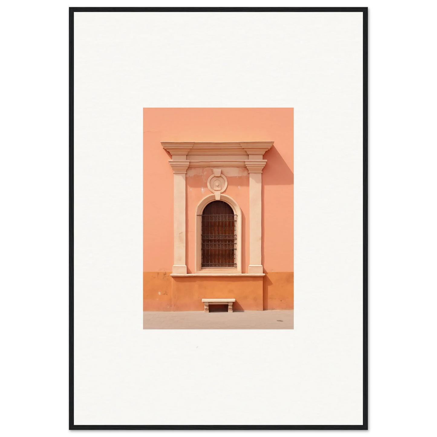 Ornate arched window on a peach wall from the Silent Sunset Oblique framed wall art