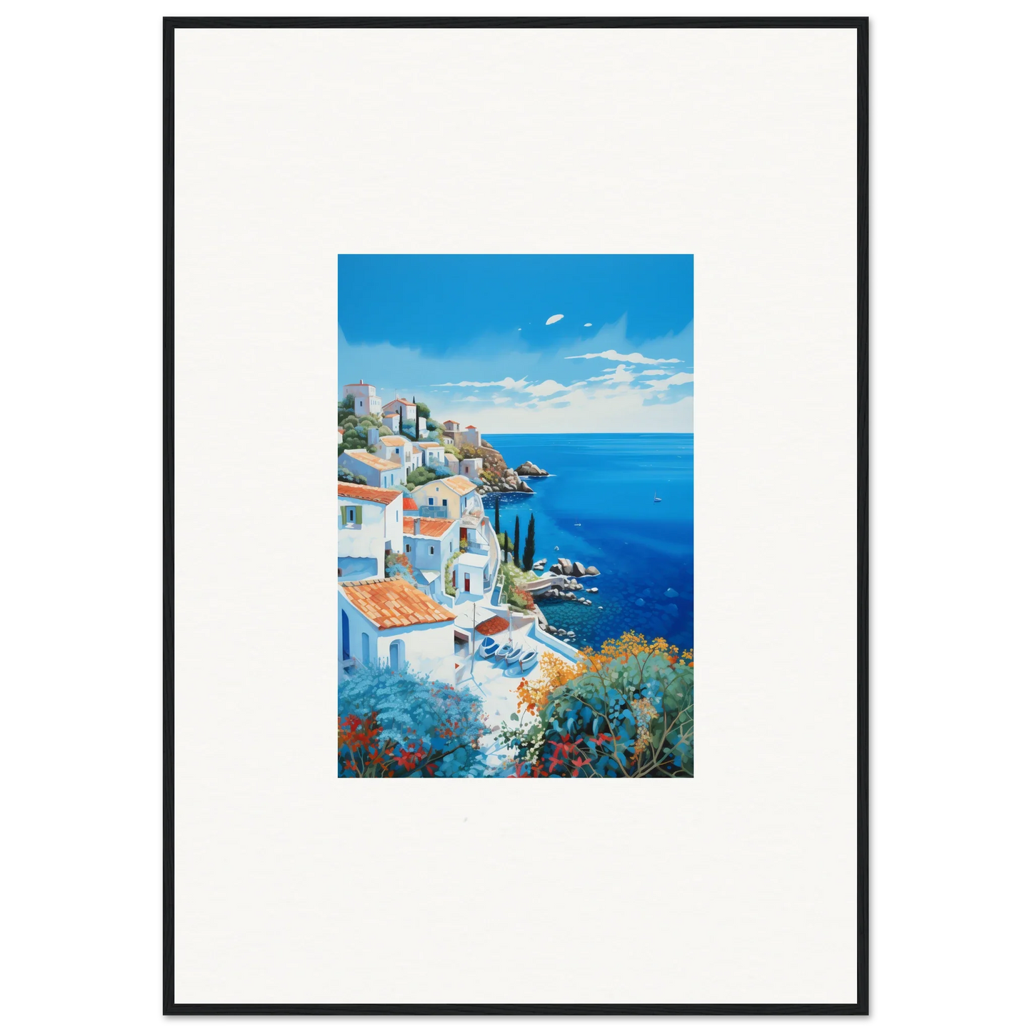 Framed Mediterranean art with white buildings and blue domes for Sunlit Dreamscape Promise