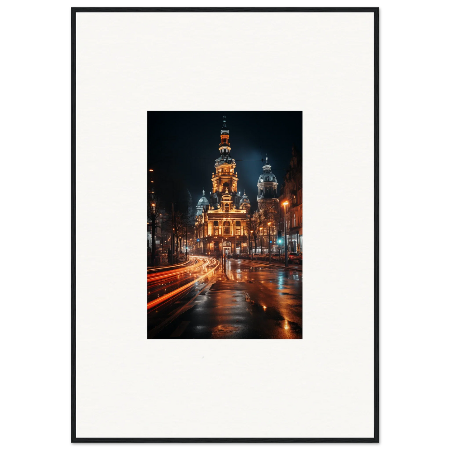 Illuminated cathedral with domes at night in Midnight Highway Mirage art piece