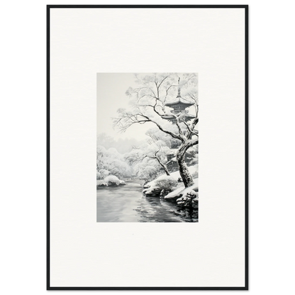 Black and white ink painting of a snowy tree branch for Timeless Snow Fables framed wall art