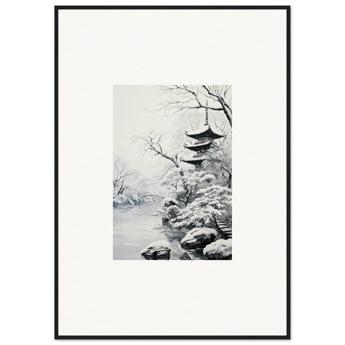 Black and white Japanese pagoda in snow for Twilight Rebirth Narrative wall art