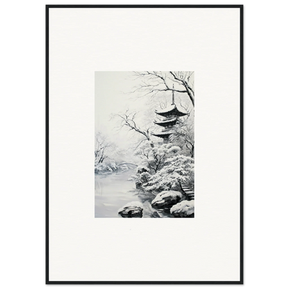 Black and white Japanese pagoda in snow for Twilight Rebirth Narrative wall art