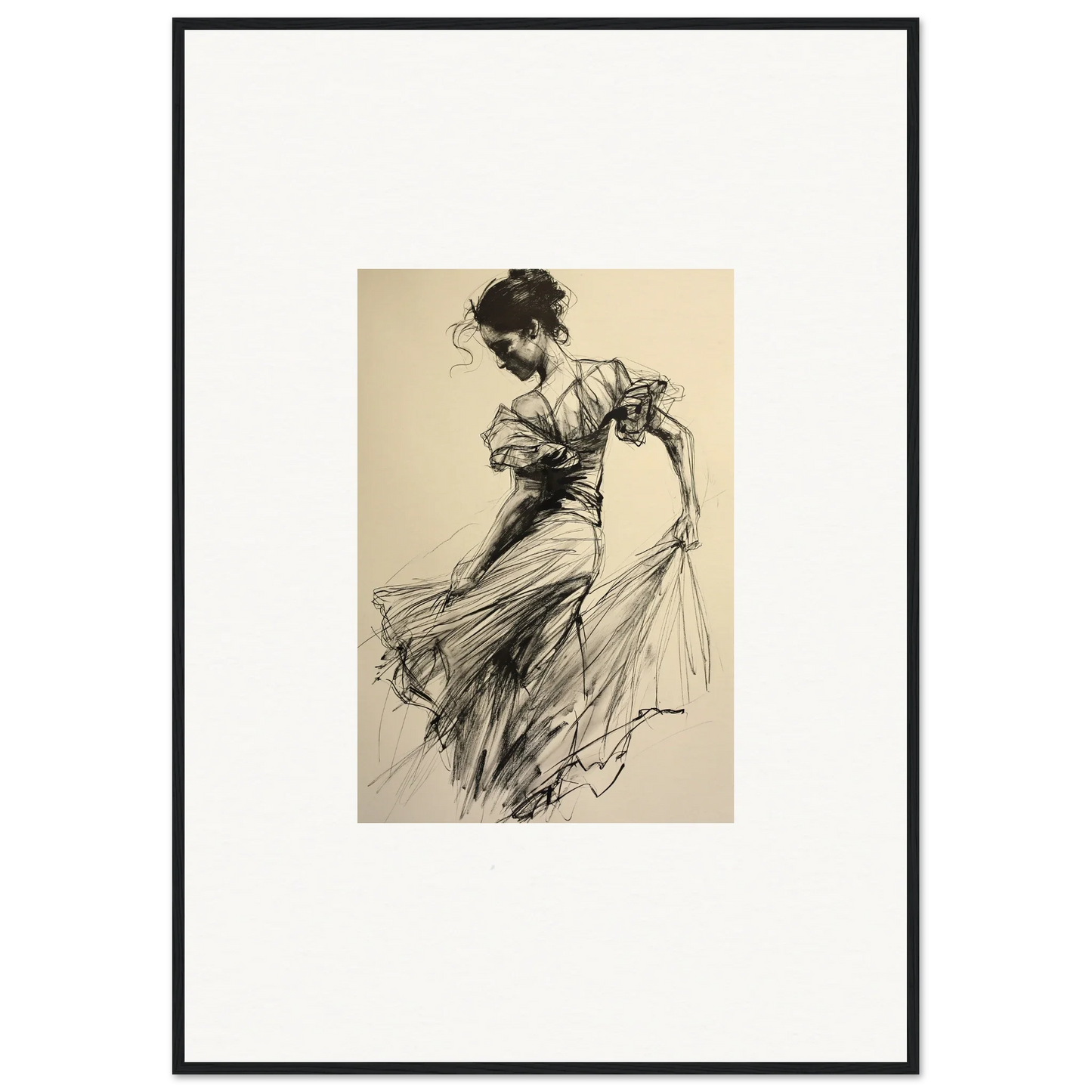 Elegant sketch of a woman in flowing dress from Ethereal Pause Beneath framed wall art