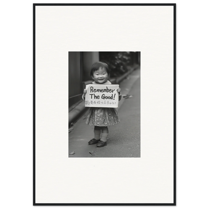 Vintage black and white photo of a child with Remember The Good sign for Whimsy Echo Memory framed wall art