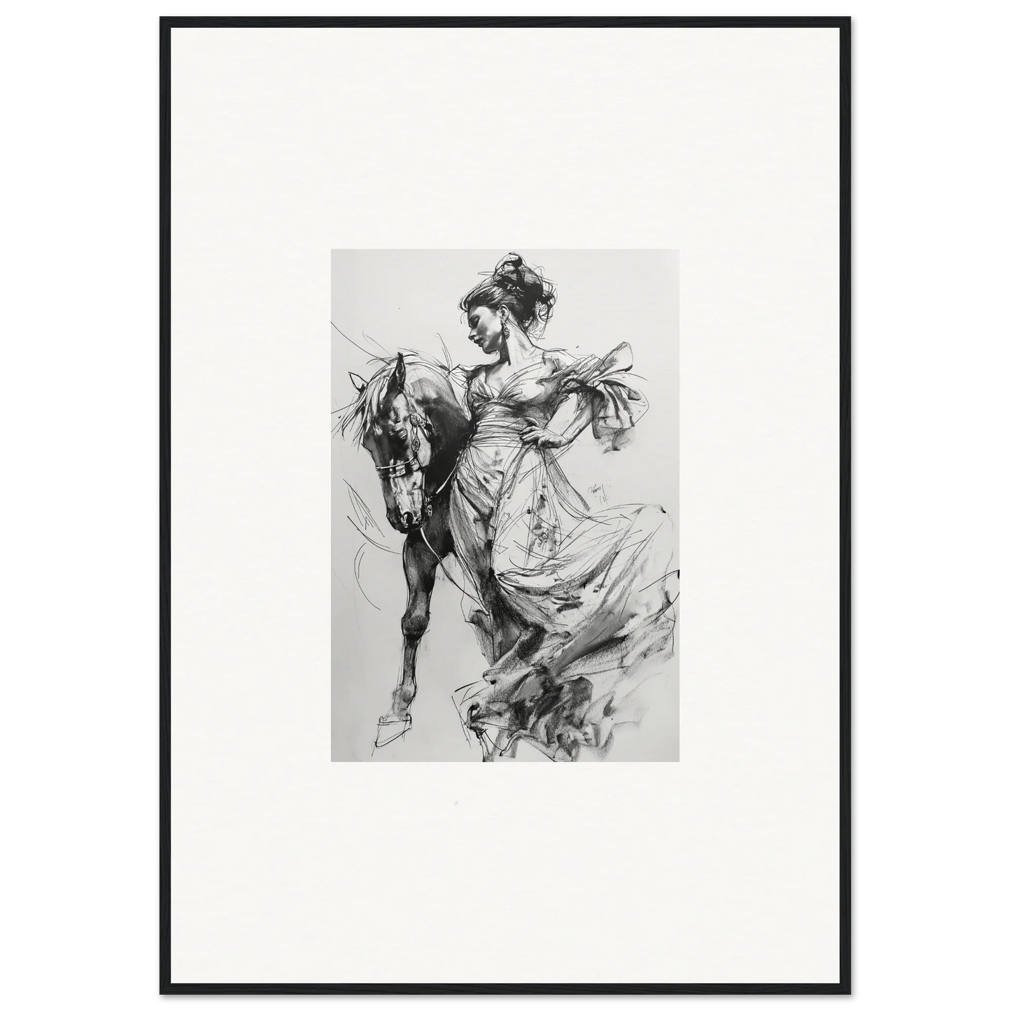 Dynamic black and white sketch of a figure in flowing dress next to a horse for Thoughts Unbridled Dance special edition art™