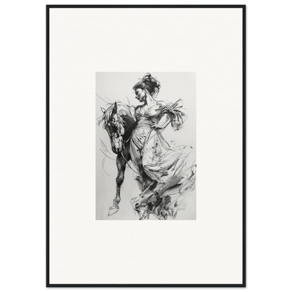 Dynamic black and white sketch of a figure in flowing dress next to a horse for Thoughts Unbridled Dance special edition art™