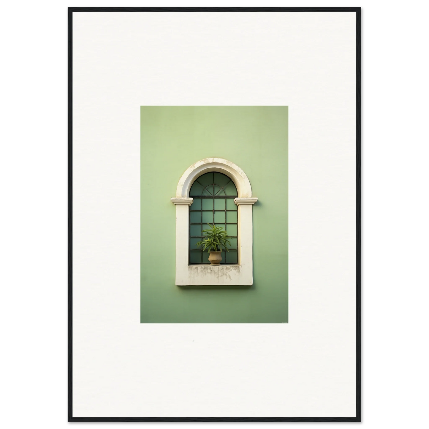 Arched window with potted plant on sill in special edition art™ Eggshel PandæmonIA Bliss