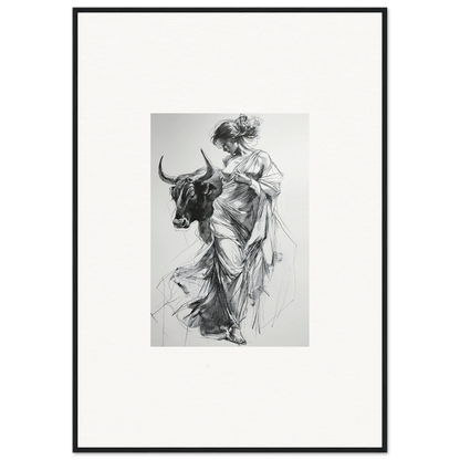 Black and white sketch of a woman in robes with a bull for special edition art™