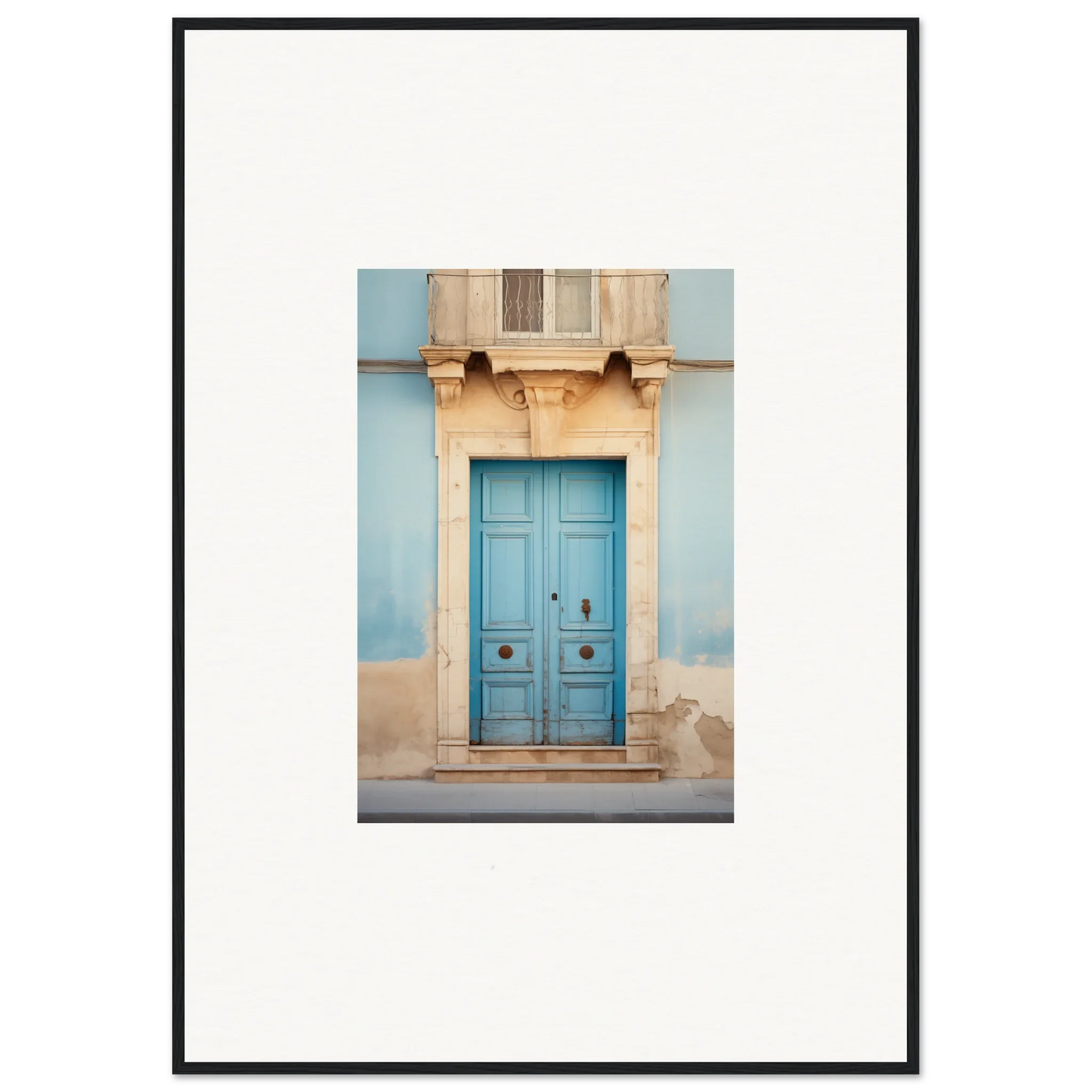 Weathered blue wooden door with ornate trim, part of the Ephemeral Dreamscape Doorway collection