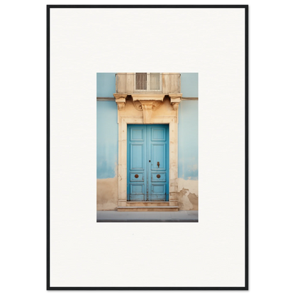 Weathered blue wooden door with ornate trim, part of the Ephemeral Dreamscape Doorway collection