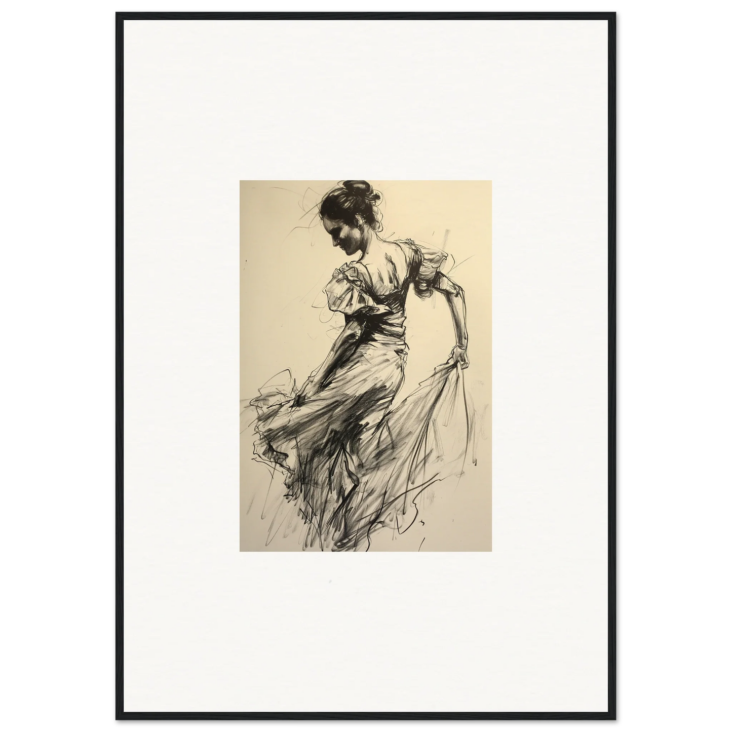 Flowing sketch of a woman in a dress for Gyroscopic Baudelo Bacon framed wall art