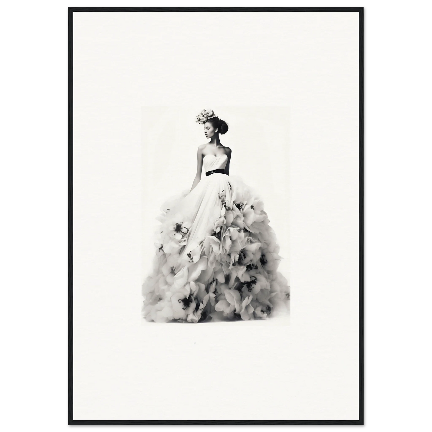 Black and white watercolor of a graceful figure in a gown, part of Dreams Bloom Eternal collection