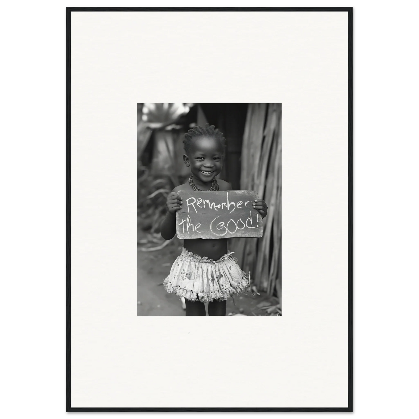 Black and white photo of a child in a tutu holding a Remember the GOOD sign for Chromatic Joy Ancients framed wall art