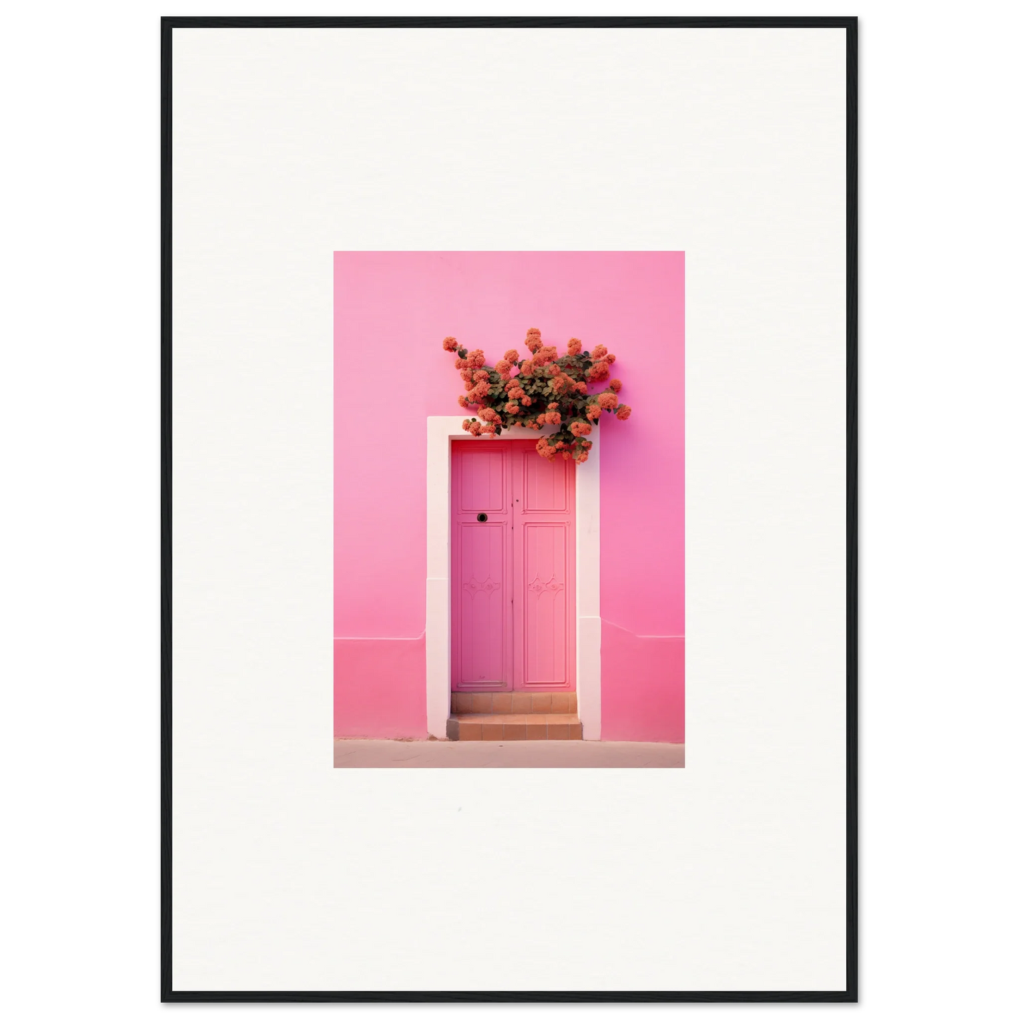 Pink door with red flowers above in Quantum Pink Serenade framed wall art