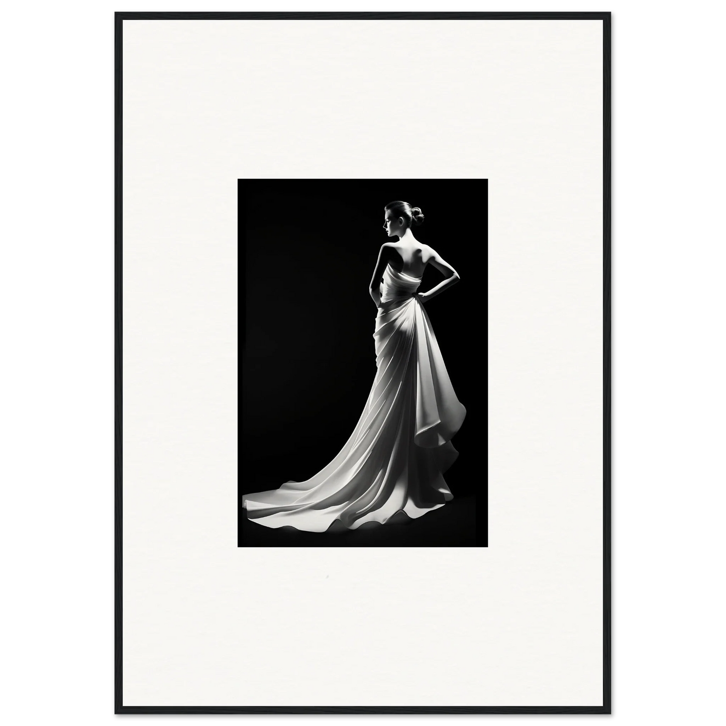 Elegant black and white evening gown showcasing Ephemeral Grayscale Elegance in dramatic light