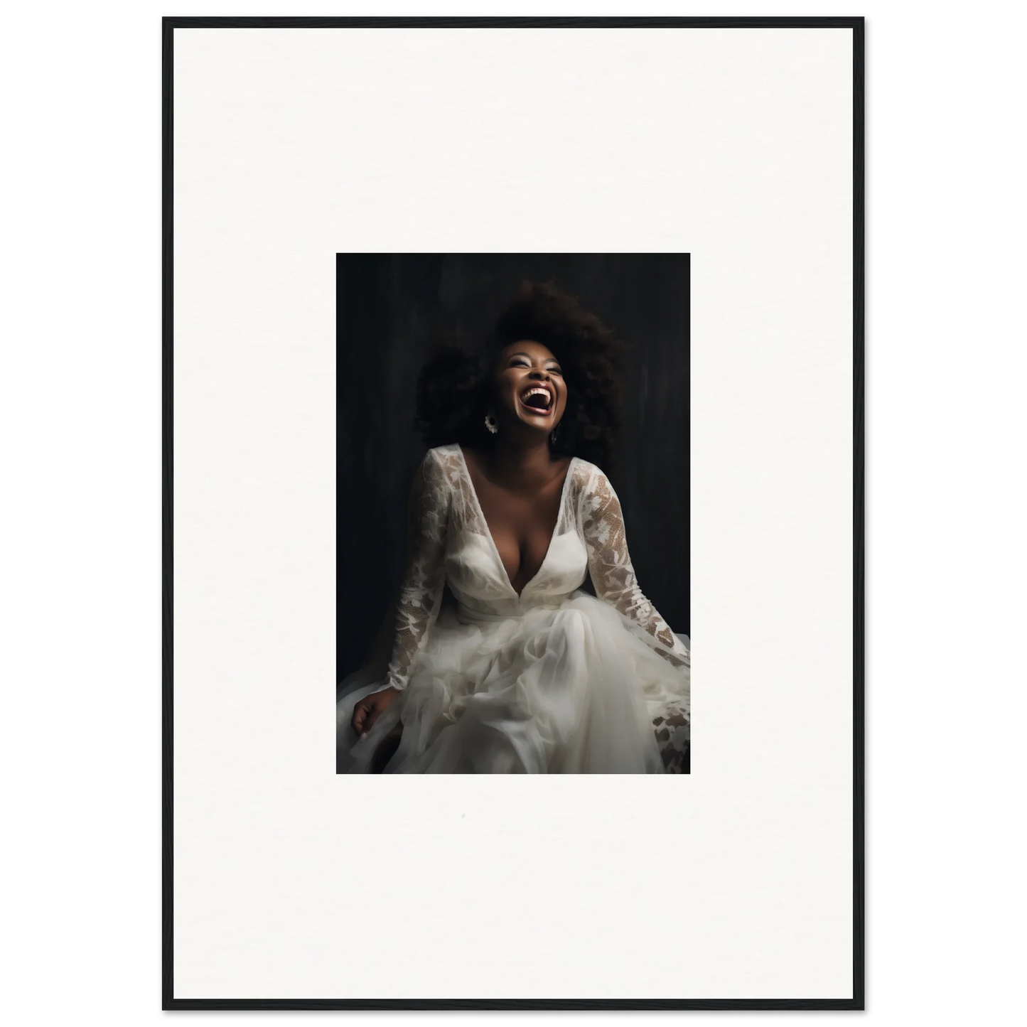 Joyful bride in a white lace dress from Timeless Essence Laughter special edition art™