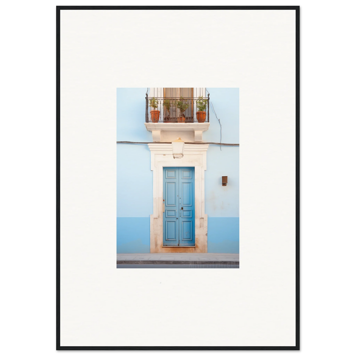 Light blue wooden door with white stone trim in Ethereal Azul Entrance framed wall art