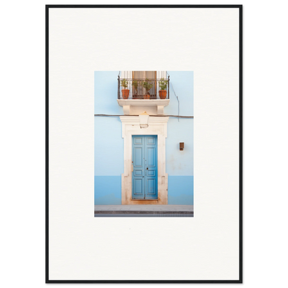 Light blue wooden door with white stone trim in Ethereal Azul Entrance framed wall art