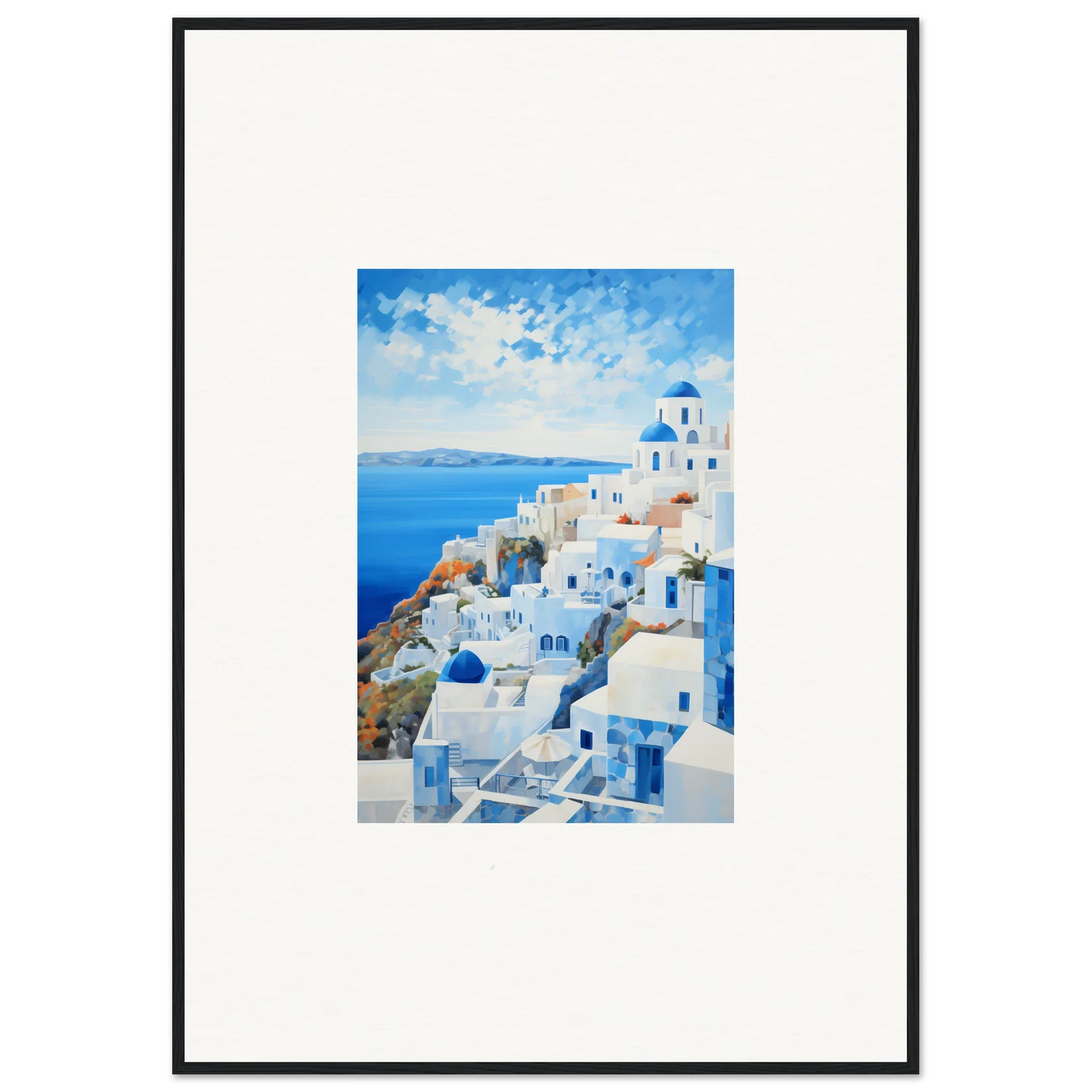 Framed watercolor of Santorini, perfect for premium framed wall art lovers