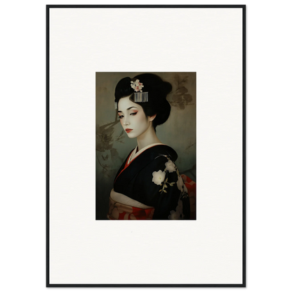 Portrait of a geisha in a black kimono, part of Cherry Dream Surrealism framed wall art