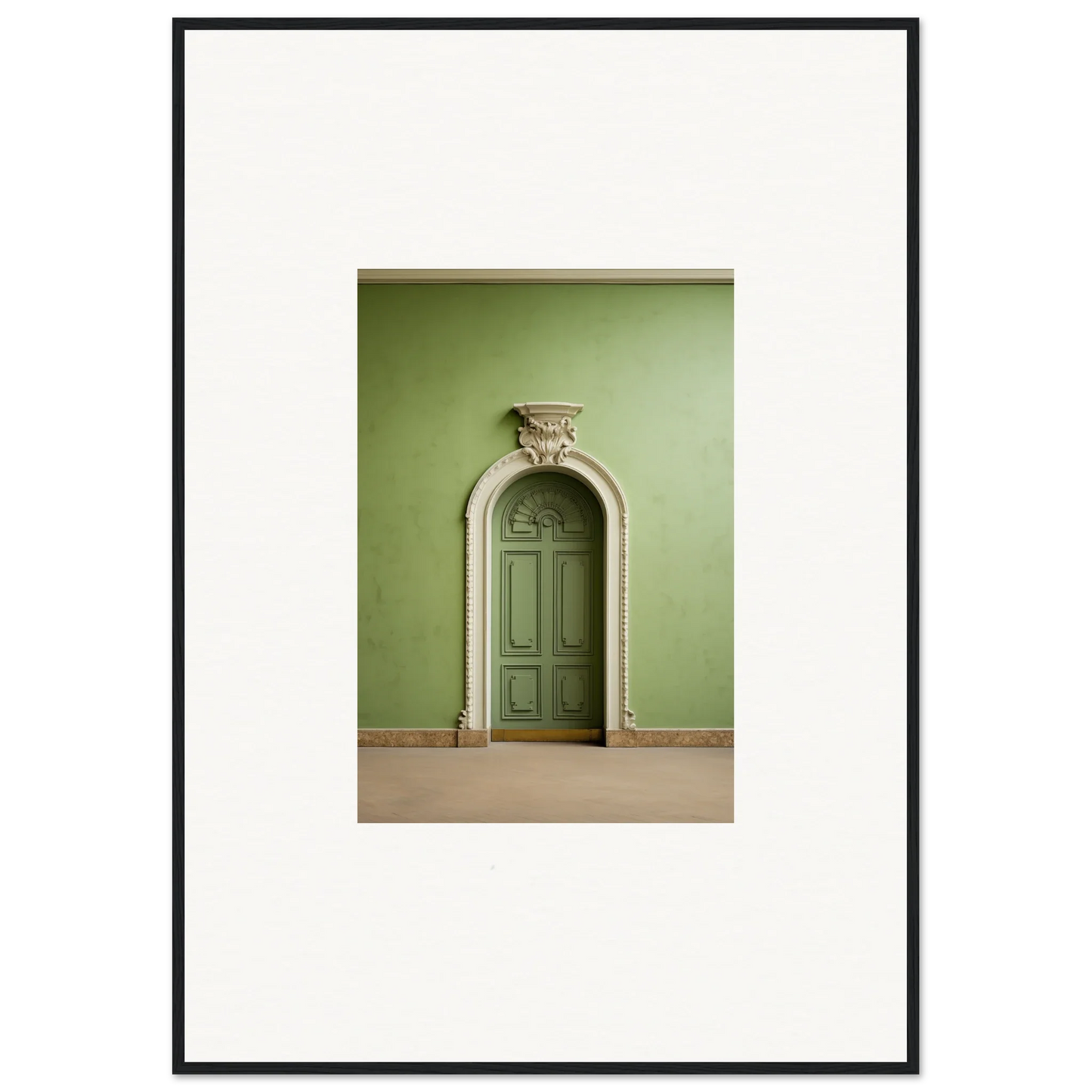 Ornate arched green door atop Verdant Illusion Sphere framed wall art