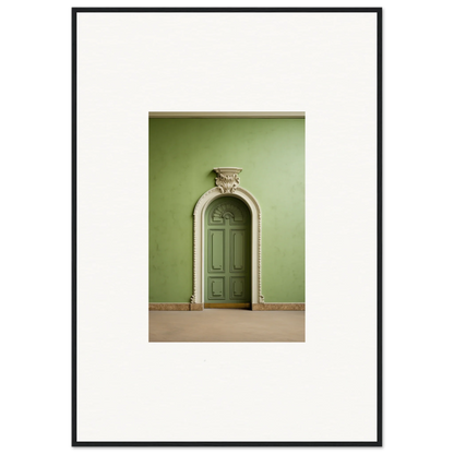 Ornate arched green door atop Verdant Illusion Sphere framed wall art