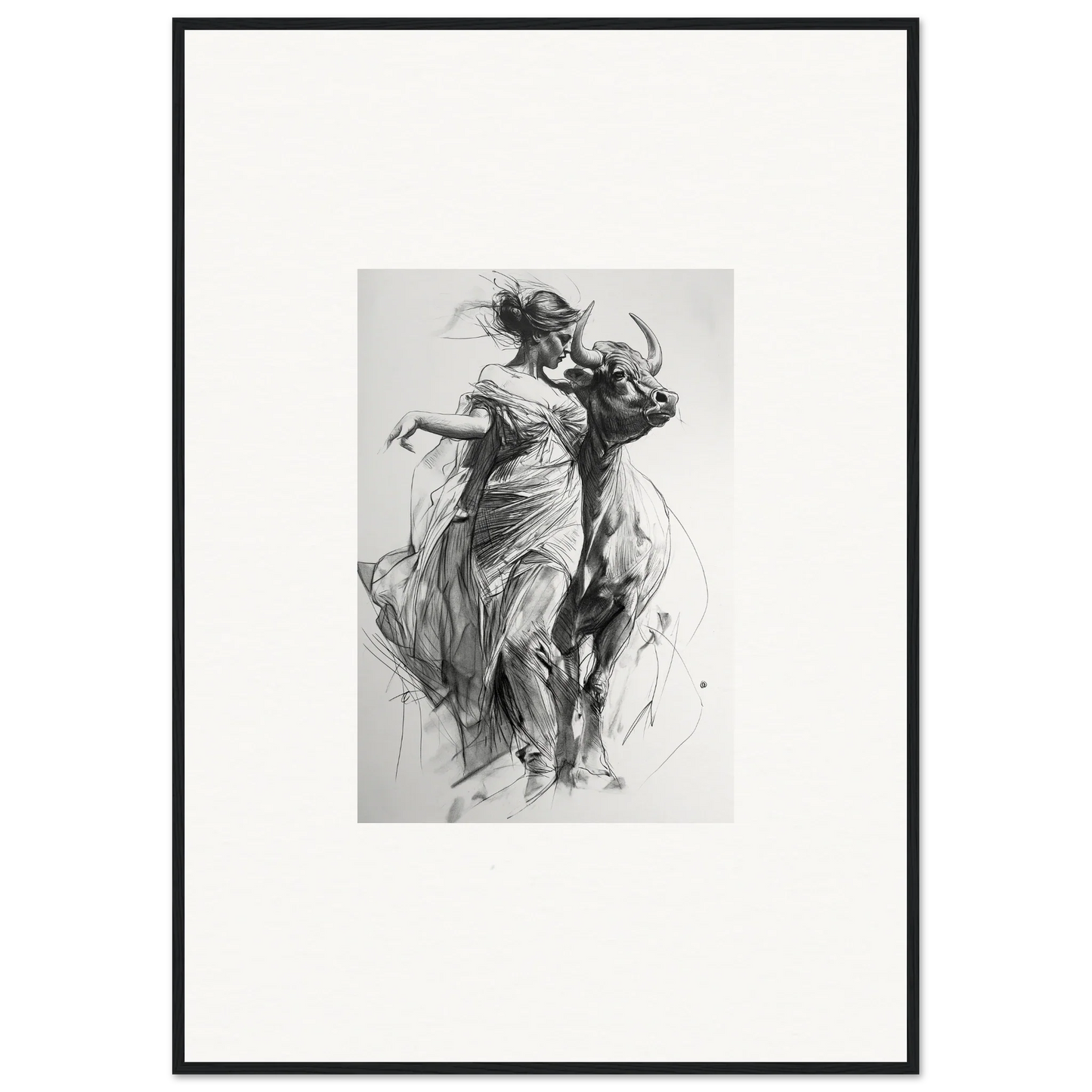 Dynamic charcoal sketch of two figures dancing in flowing dresses, Forest Flame Dance framed wall art